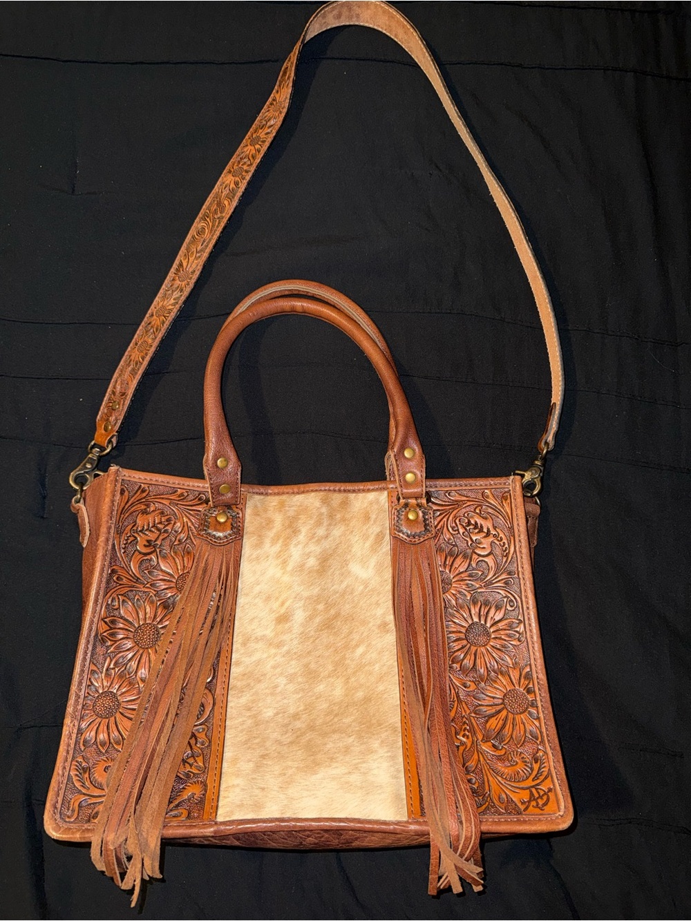 American Darling Brown Tooled Leather & Hair-On Satchel with Fringe